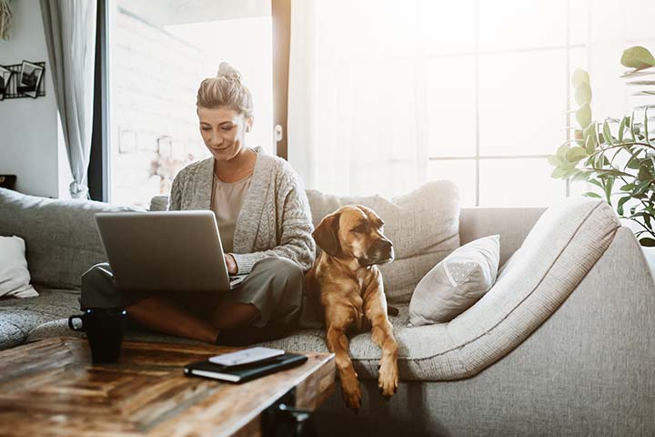 woman on couch with laptop computer and dog